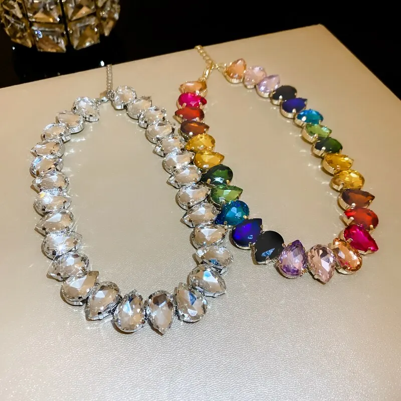 Colorful Rhinestone Crystal Necklace For Women Luxury Fashion Water Drop Choker Necklaces For Party Wedding Bridal Jewelry K0