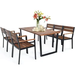 7 Pieces Patio Dining Set with Umbrella Hole, 6 Heavy Duty Acacia Armrest Chairs and Rectangle Table Set