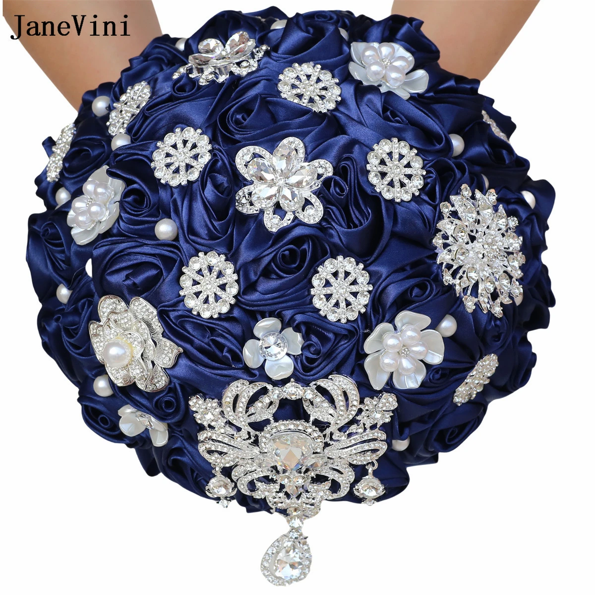 

JaneVini Bling Silver Rhinestones Light Purple Bridal Bouquets Artificial Satin Roses Pearls Bride Bouquet Flowers for Wedding