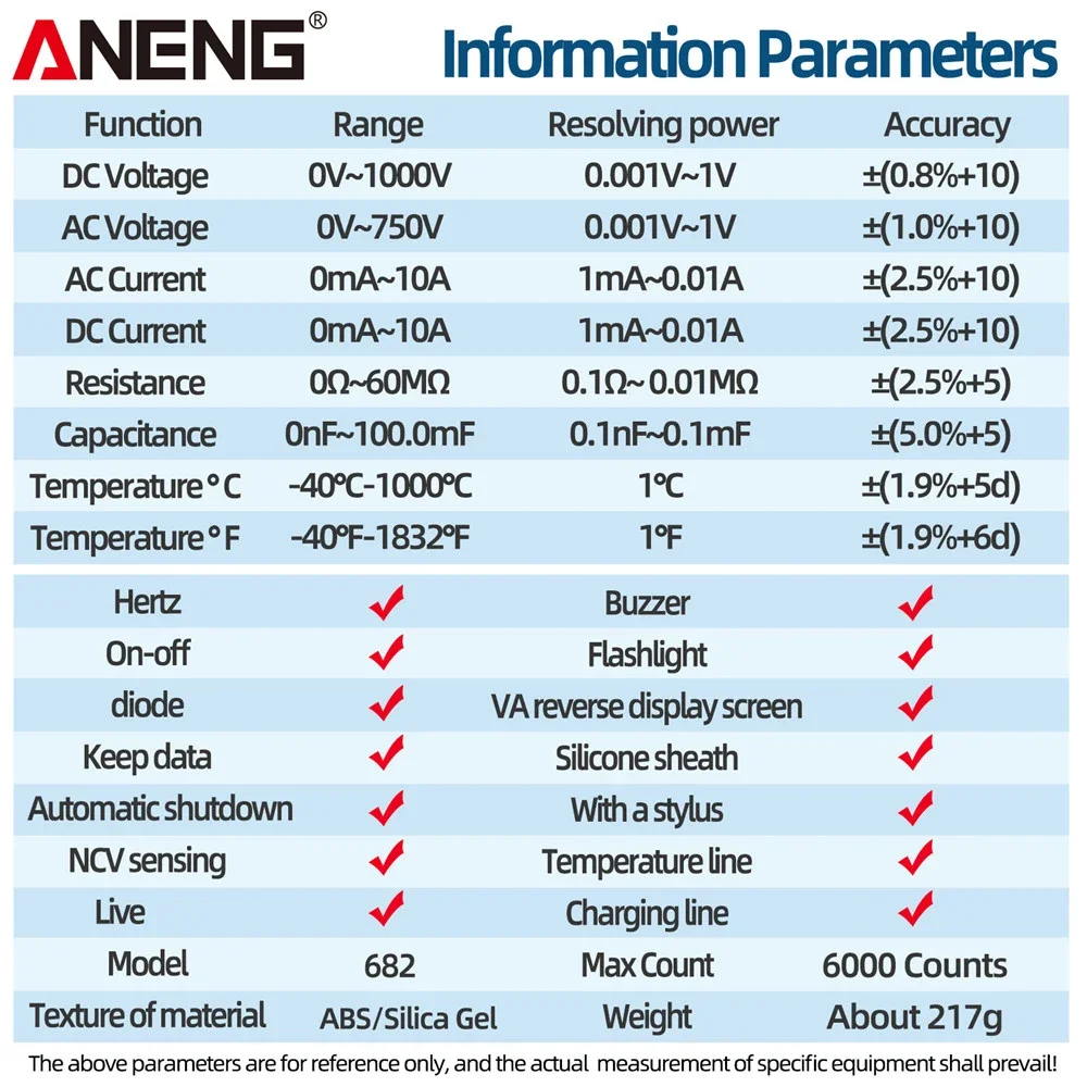 ANENG 682 Multímetro Inteligente, Amperímetro AC DC, Testador de Tensão, Tela Colorida Grande, Recarregável Ohm Diodo Tester, Ferramentas para eletricista