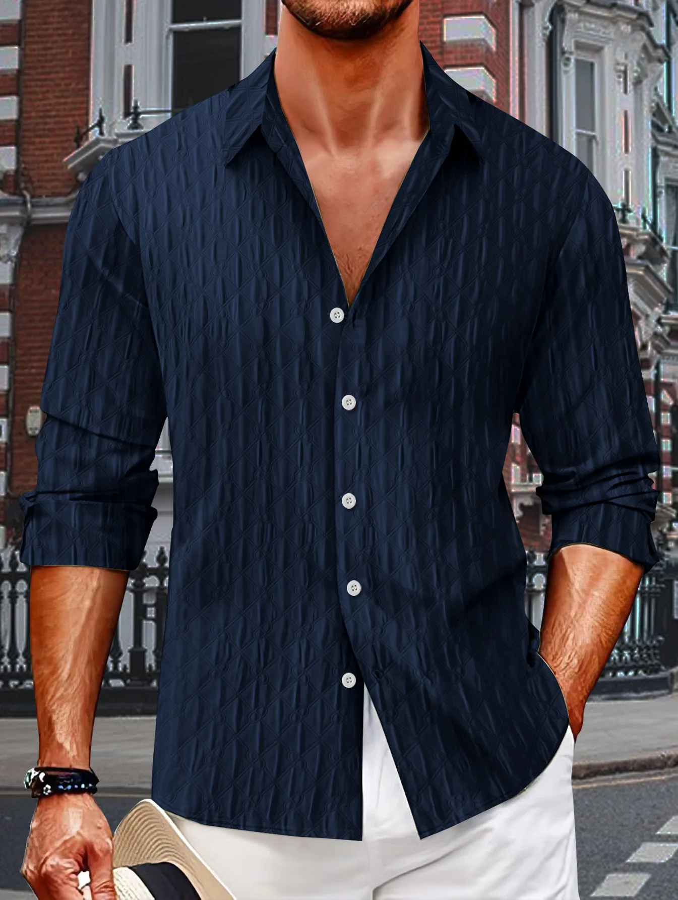 Men's casual shirt personality jacquard fashion comfortable solid color lapel single breasted street sports long sleeve cardigan