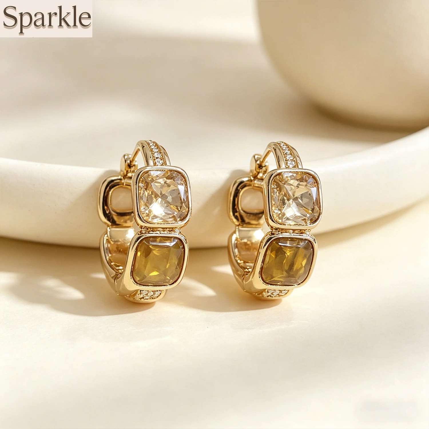 

Vintage Style Tiger Eye Crystal Hoop Earrings Square Stone Huggies Fashion Accessory for Women And Teens