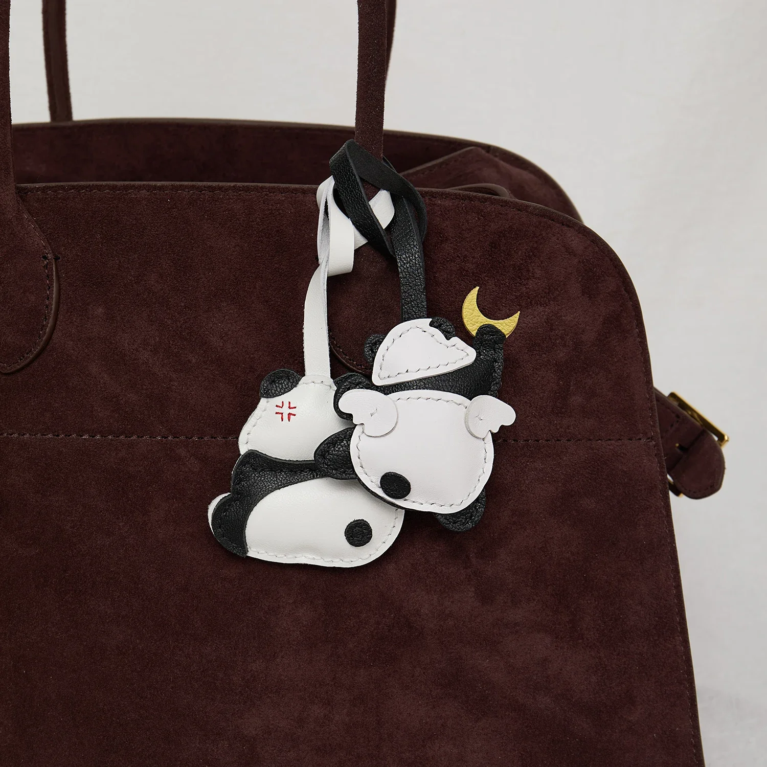 Handmade Leather Cute Panda Bear Charm with Golden Moon - Hanging Pendant Ornament for Handbags, Tote Bags and Backpack Keyrings