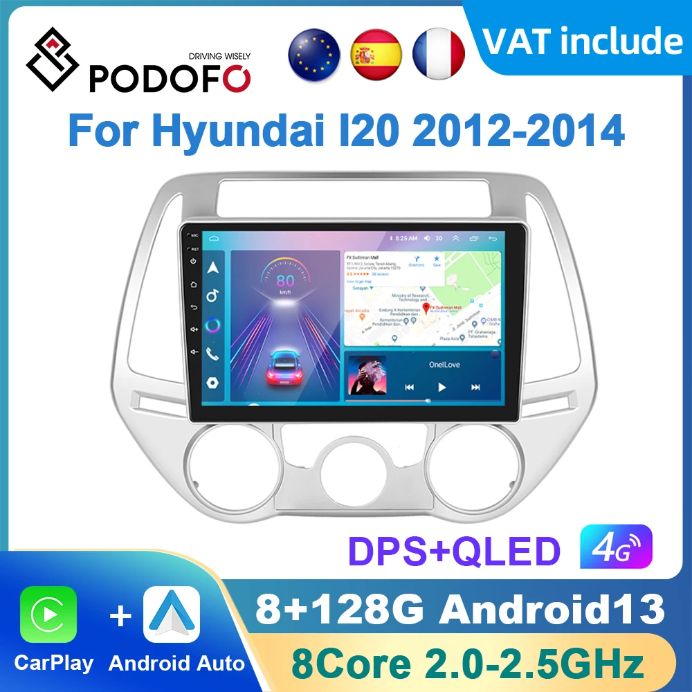 Podofo AI Voice Android Carplay Car Radio For Hyundai I20 2012-2014 Android Auto 4G Multimedia Player GPS Navigation RDS Radio