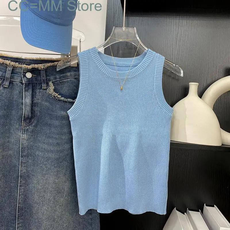 New Striped Knitted Tank Top for Women Sleeveless O Neck Vintage Slim Chic Crop Top Office Ladies Casual Top