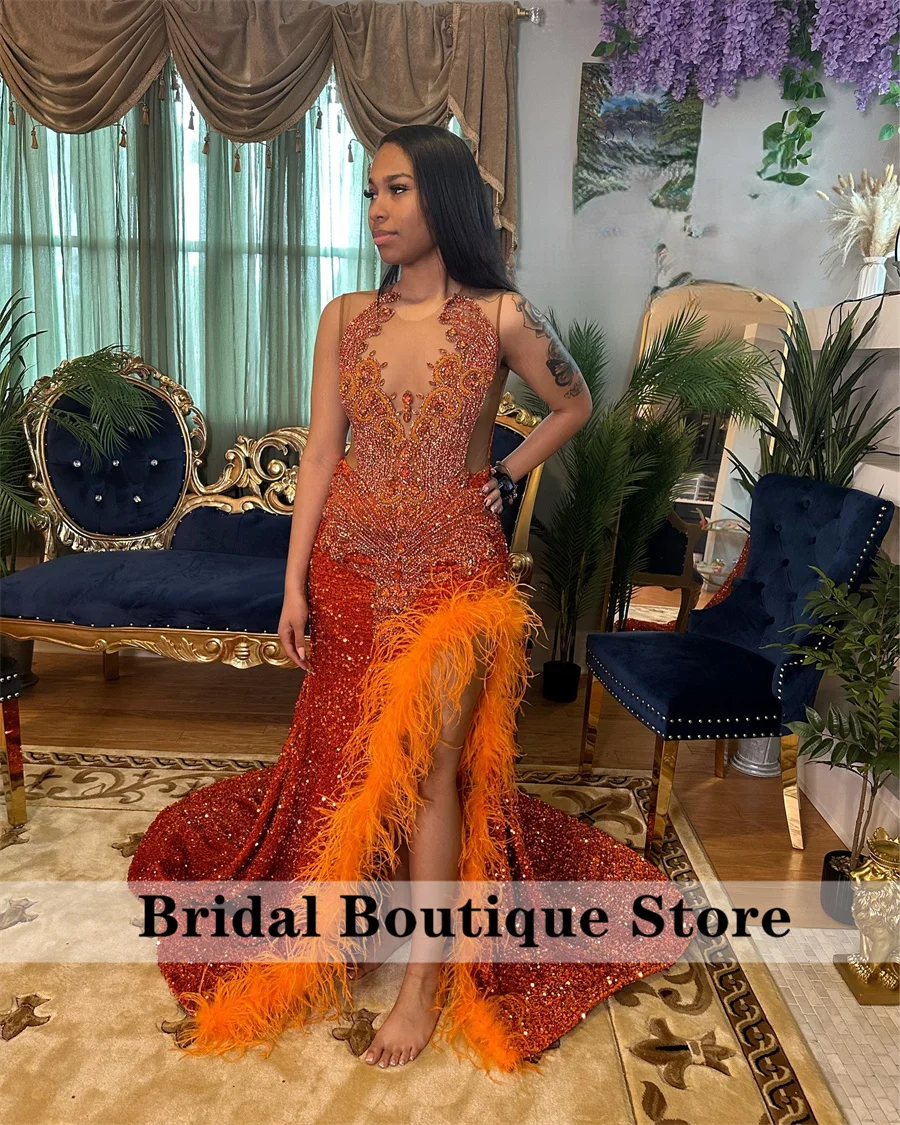 Sparkly Orange Mermaid Prom Dress Beading Diamonds Crystal Elegant Senior Birthday Party Dress 2025 Feathers Customized