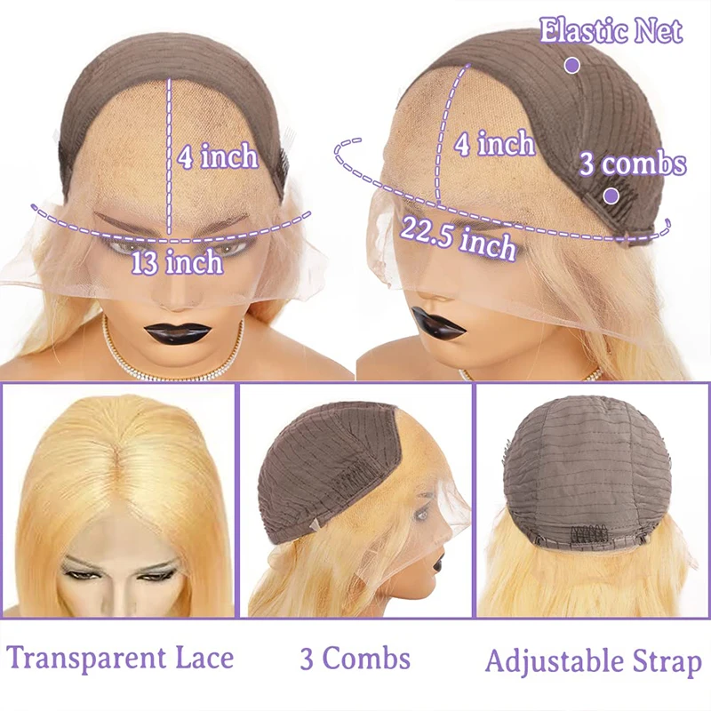 Perruque Bob Lace Front Wig naturelle, cheveux courts, blond, 13x4, HD, pre-plucked, avec baby hair, densité 180%, pour femmes