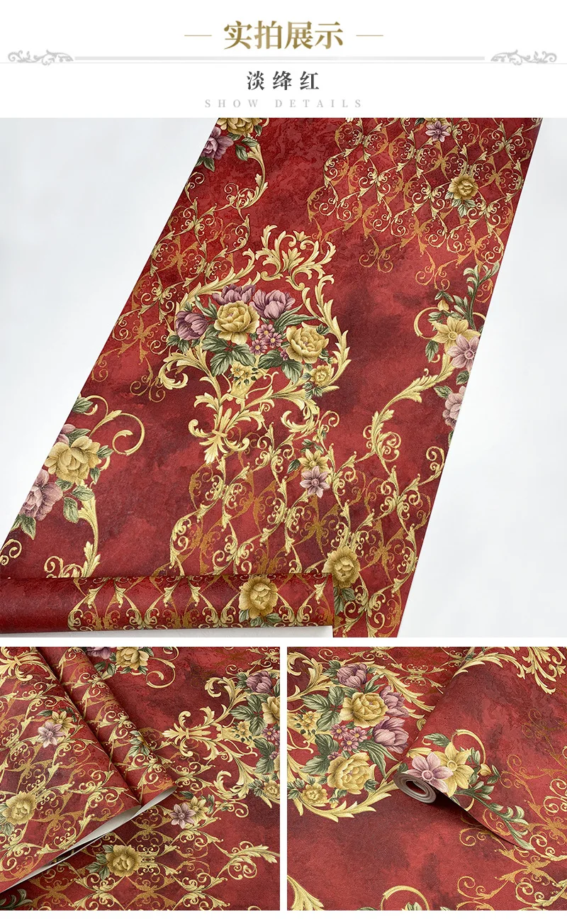 Luxurious Relief Floral Wallpaper Bedroom Living Room Hotel Southeast Asian Ethnic Style Red Background Wall Wallpaper
