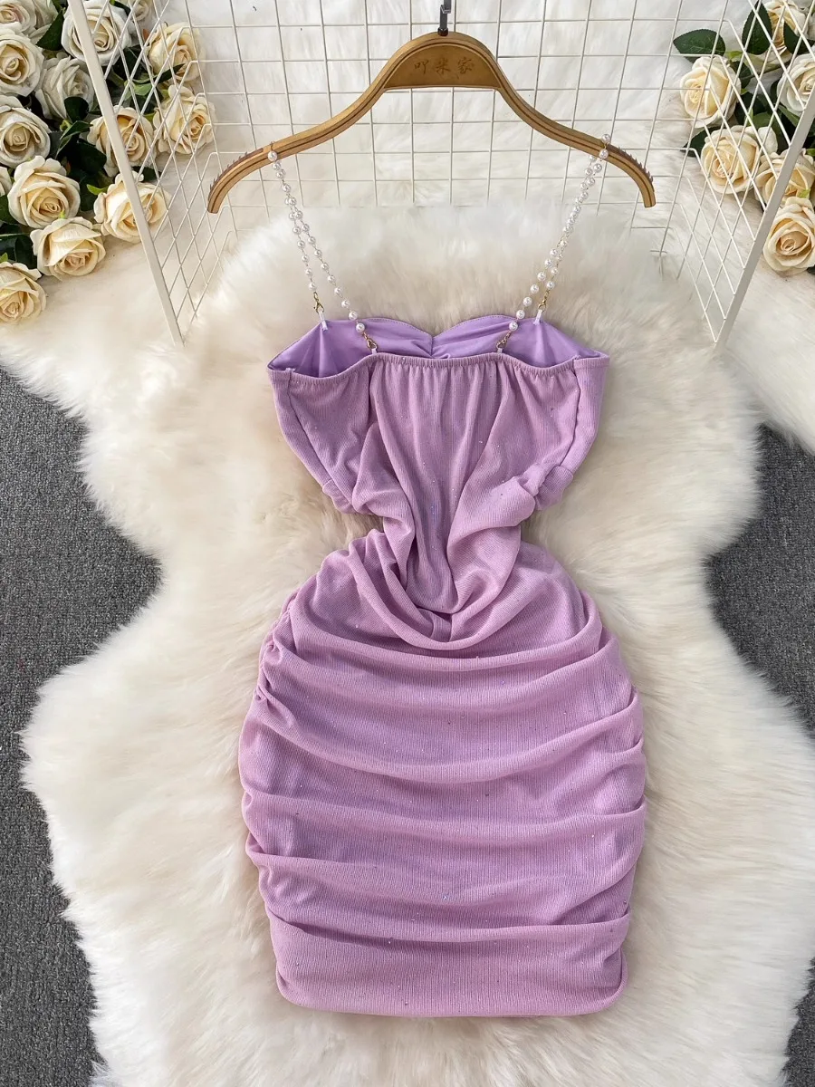 فستان Foamlina صيفي مرصع بالنجوم بتصميم السماء المرصعة بخصر مطوي بقصة ضيقة فستان قصير مثير برغبة نقية فستان بدون ظهر #5