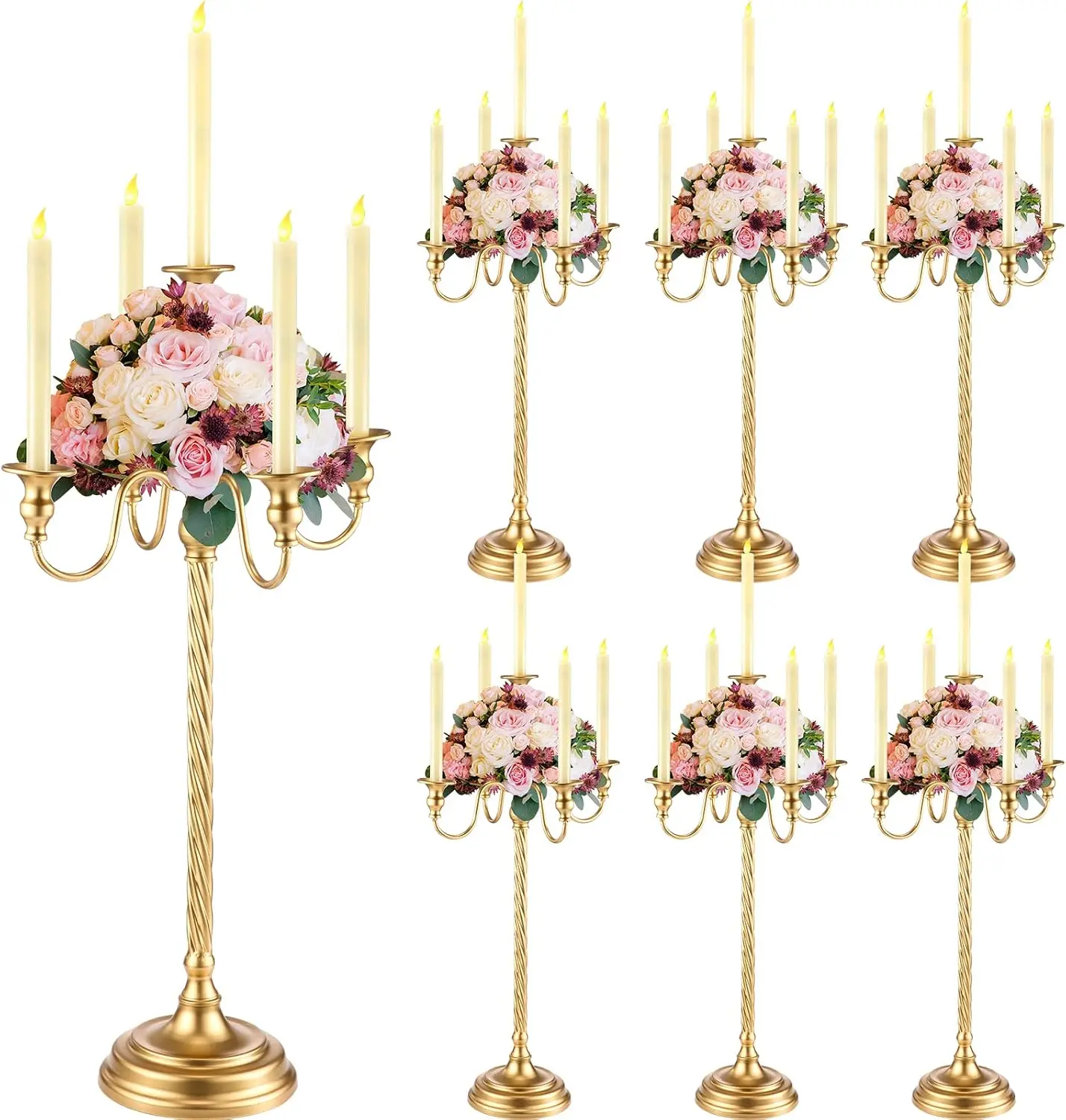 6 Pack Gold Candelabra Table Centerpieces 28 in 5 Arm Candle Holder Tall Metal Candelabras for Wedding, Taper Candlestick Holder