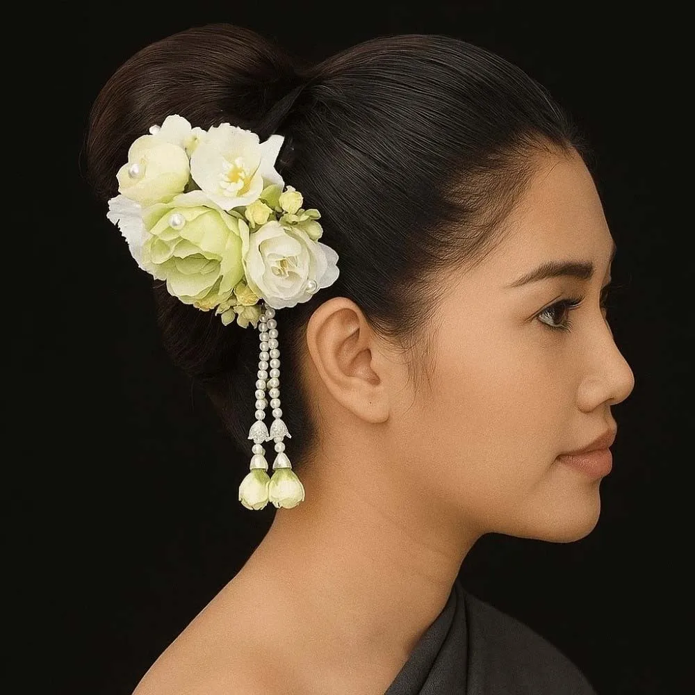 Handmade Sweet Flowers Hairpin with Tassels Thai Style Floral Headwear Tulip Hair Comb Cloth Plastic Chignon Hair Clips Women