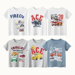 2023 Children T-Shirts for Boy 100% Pure Cotton Short Sleeve Lovely Car Bus Truck Cartoon Clothes Kids Casual Sport Top Tees