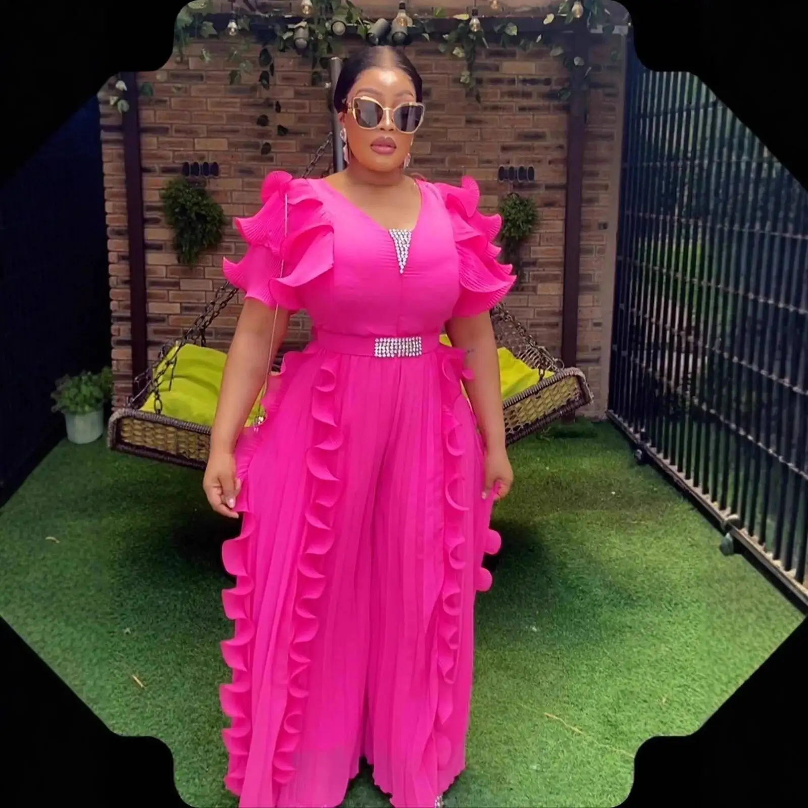 Plus Size Women V-neck Ruffle Jumpsuit White Ruffle Chiffon Wide-leg Rhinestone Belt Pleated Summer Elegant Casual Party Outfit - view 2