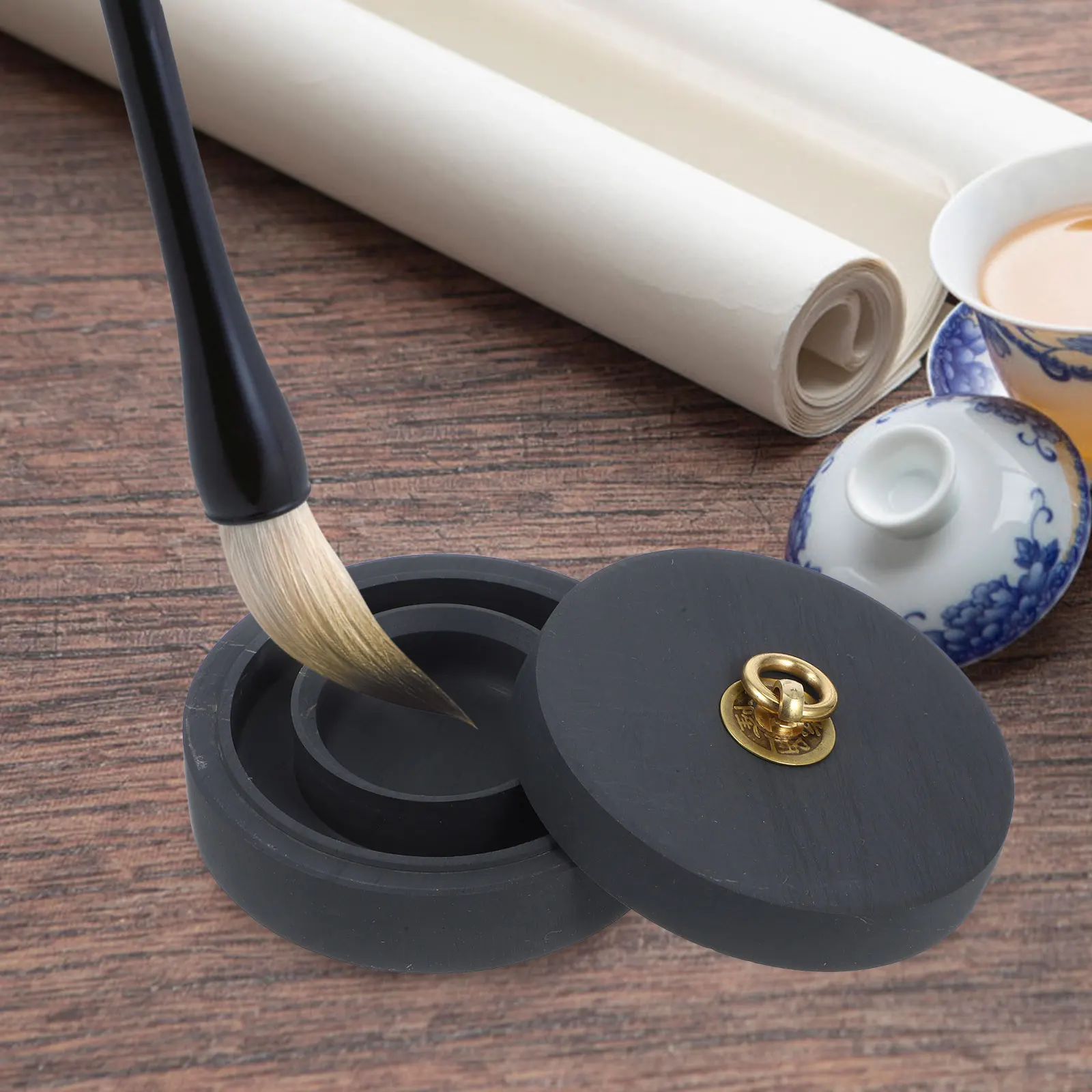 

1pcs Calligraphy Inkstone Traditional Chinese Durable Smooth Grinding Surface Cultural Hotpot Design Protective Lid for Students