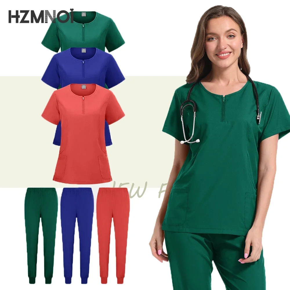 HZMNOI Doctor Scrubs Nursing Uniforms for Women Men Anesthetist Set Tops and Jogger Pants Thin Fabric Operating Room Workwear