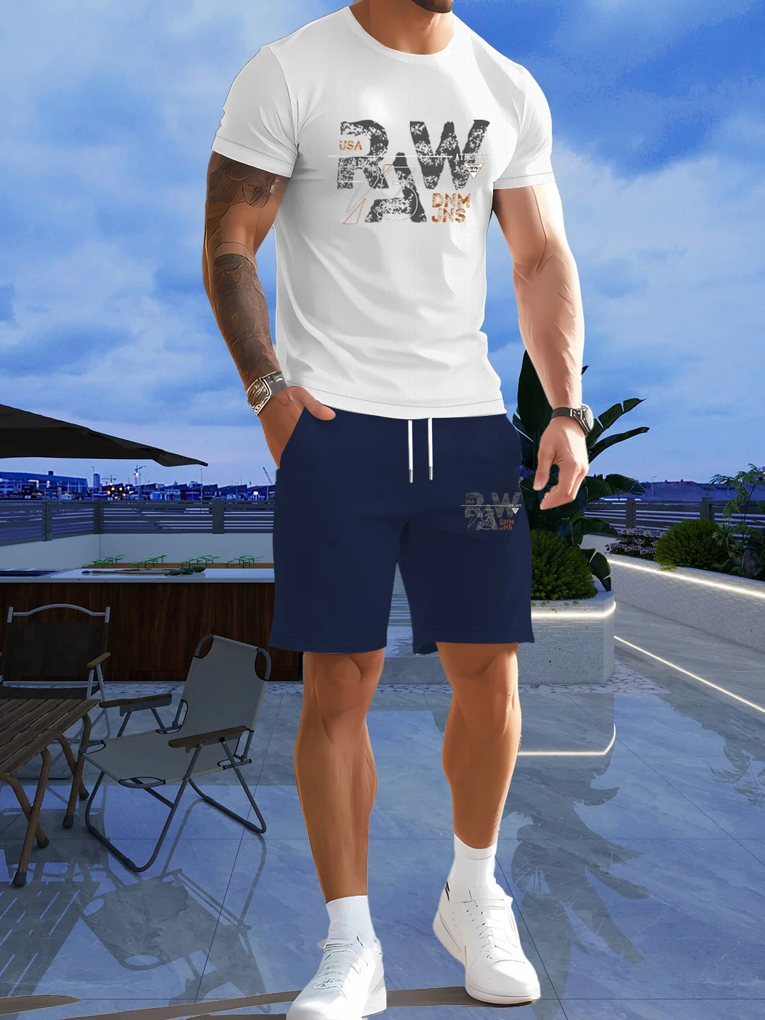 

Summer men's fashionable casual set, high-definition pattern printed short sleeved T-shirt+drawstring sports shorts two-piece se