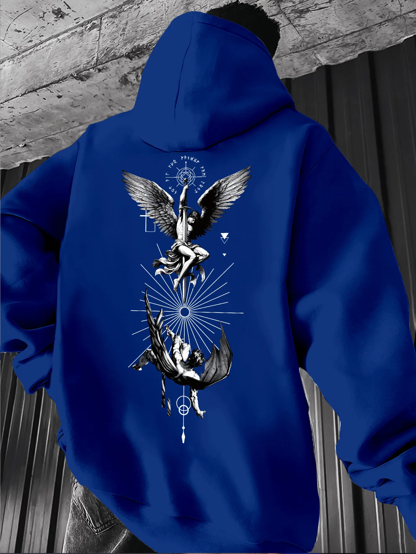 Mens Gothic Angel And Tarot Print Hooded Sweatshirt Long Sleeve Casual Pullover With Stretch Knit Polyester Machine Washable Black And Blue Gothic Streetwear For Spring Fall Layering Tarot Card Design Regular Fit Ideal For Themed Events And Casual Attire
