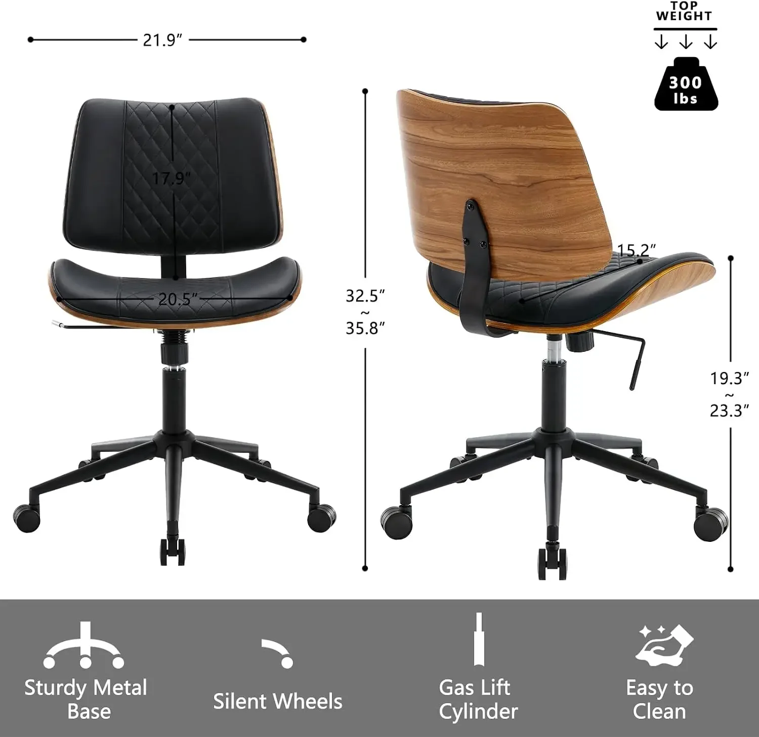 Home Office Chair No Arms with Wheels, Mid Back Walnut Style, Black | Adjustable Height Small Desk Chair, PU Leather Mid Back