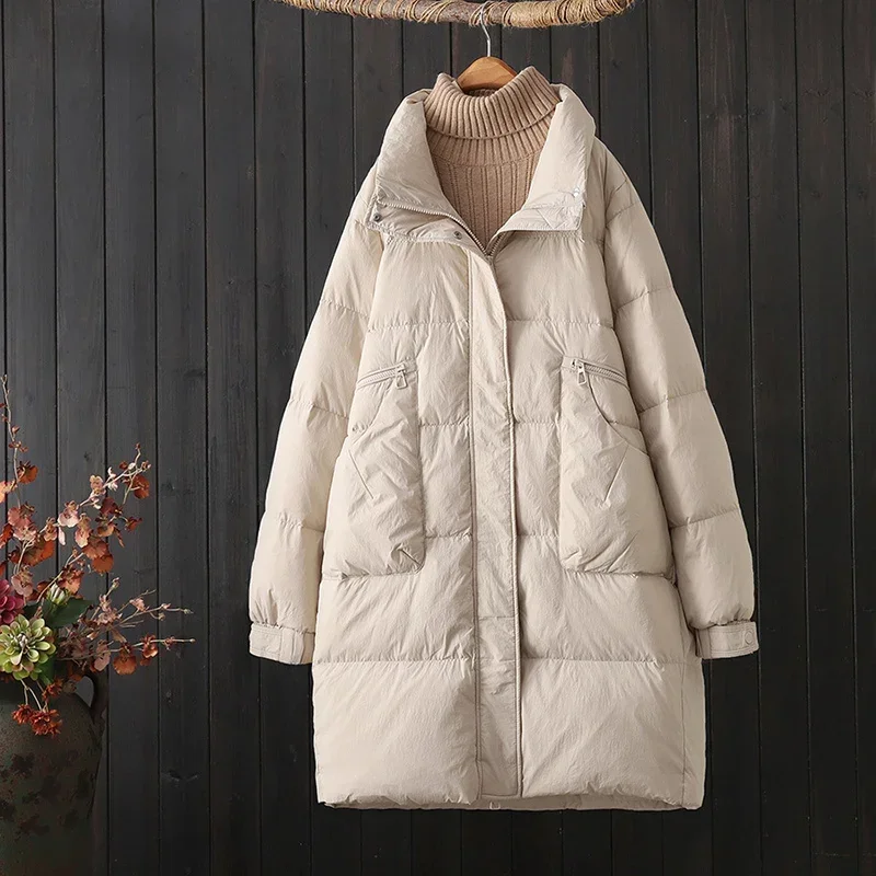 Schinteon Women Down Long Jacket Stand Collar Over Size Casual Warm Autumn Winter Outwear White Duck Down Thick Coat 2024 New