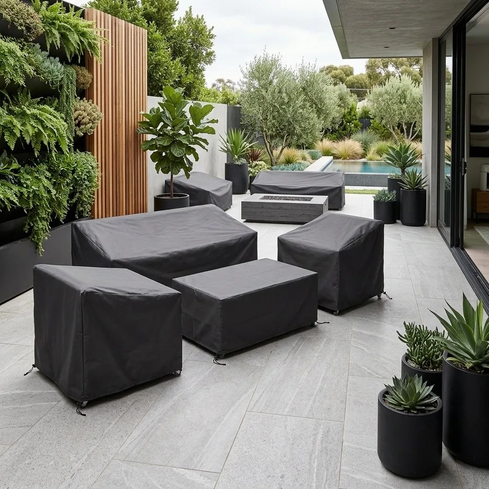 Oxford Polyester Patio Cover Set for 4-Piece Outdoor Conversation Furniture with All-Weather Protection and Drawstring Securing
