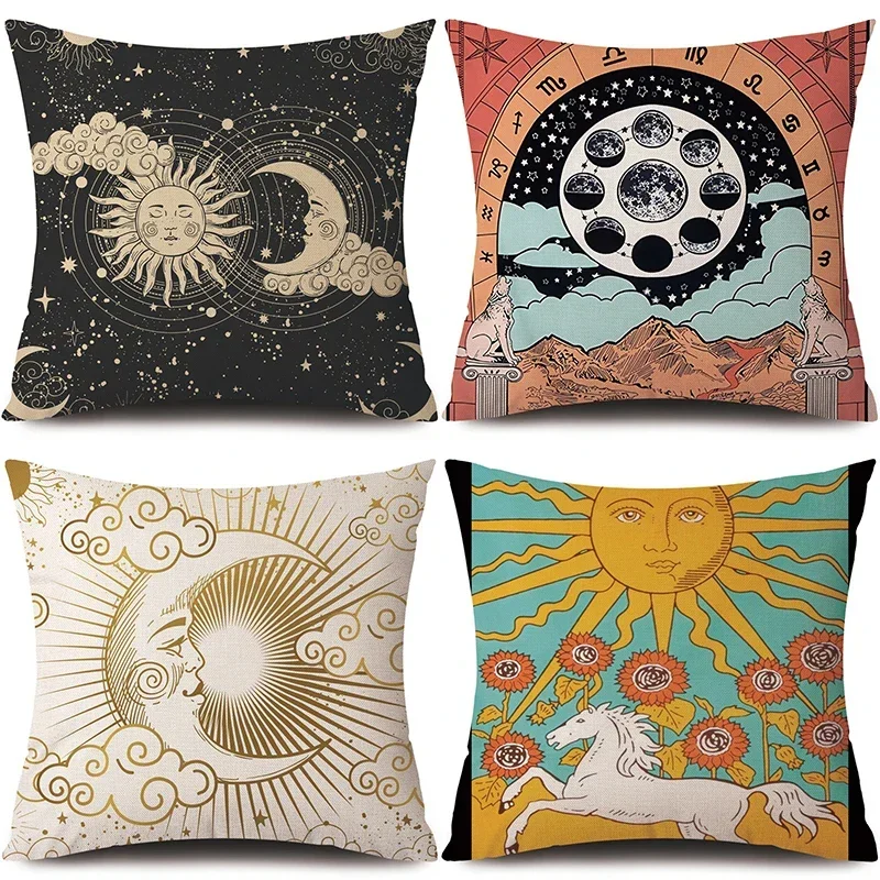 Tarot Card God Sun Face Pillowcase, Moon Decoration, Living Room, Bedroom, Sofa, Bed, Home Decor, Car Cushion pillowcase