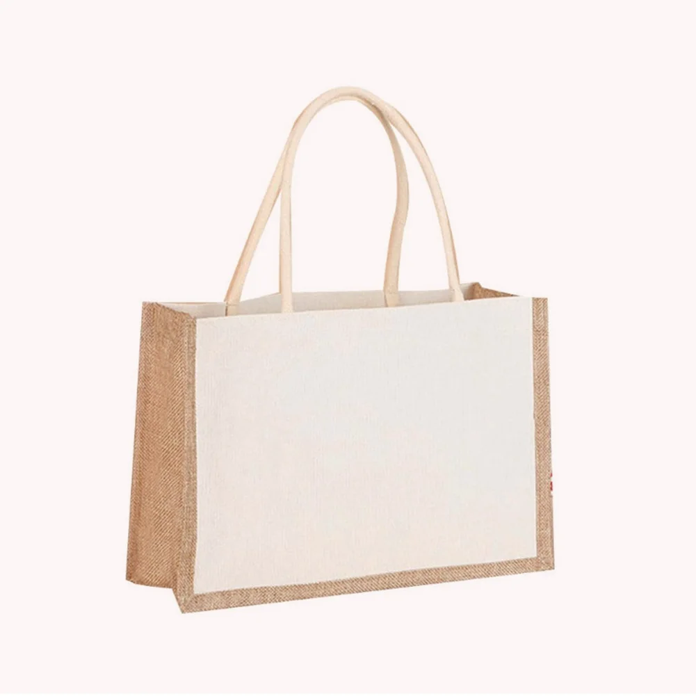 Women Burlap Jute Tote Bag Large Capacity Canvas Casual Shopping Bag Contrast Color Ladies Outdoor Handbag