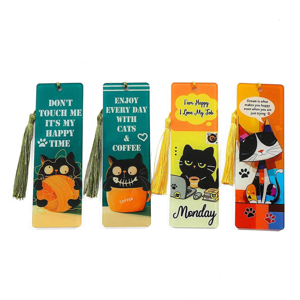 Funny Kitty Reading Bookmark Cartoon Acrylic Page Marker Tassels Cat Bookmark for Bookworm Students Stationery Gifts