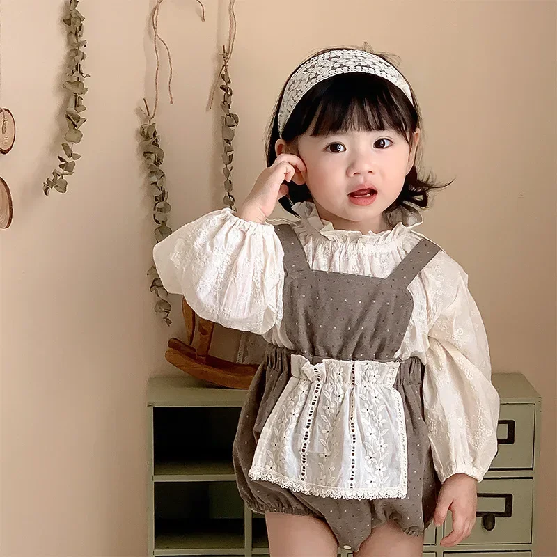 Two Pieces Versatile Autumn Baby Girls Clothes White Floral Print Hollow Out Shirts Brown Hip Wrapping Sleeveless Rompers