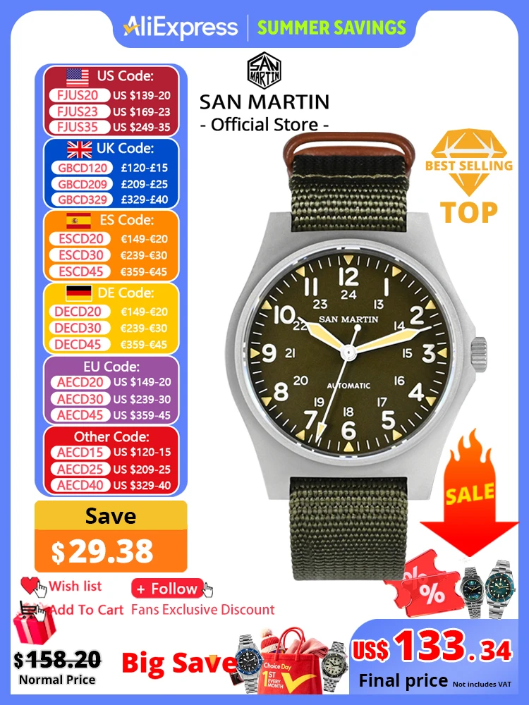 Reloj piloto San Martin de 38mm NH35, reloj de pulsera mecánico automático militar Retro, caja asada con cuentas, resistente al agua, 100m, SN0137