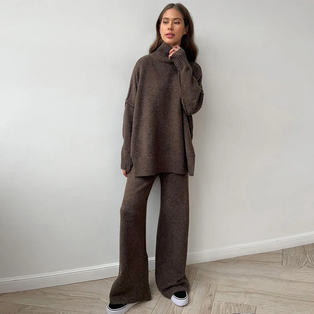 Turtleneck Sweater Suit for Women European and American Autumn and Winter New Loose Casual Lazy Thickened Knitted Trousers Suit