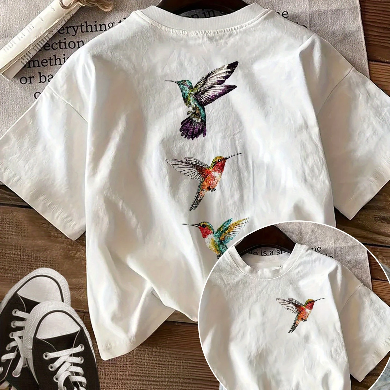 Vintage Hummingbird Bird T‑Shirt Colorful Animal Illustration Print Men Women Retro Short Sleeve Crew Neck Casual Cotton Tee Top