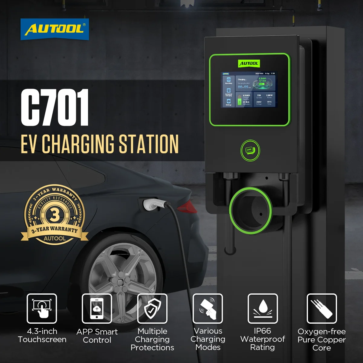 

AUTOOL C701 EV Charger Station Wall-mounted Car Charger 7KW 32A Current Adjustable EV Charging Piles
