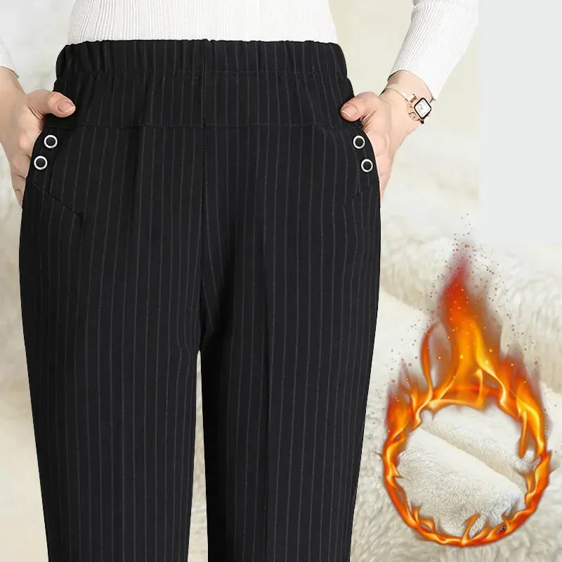 Mom’s Winter Thicken Striped Straight Pants Elegnt Plus Velvet Pantalones Warm High Waist Office Lady Suit Oversize 5xl Trousers