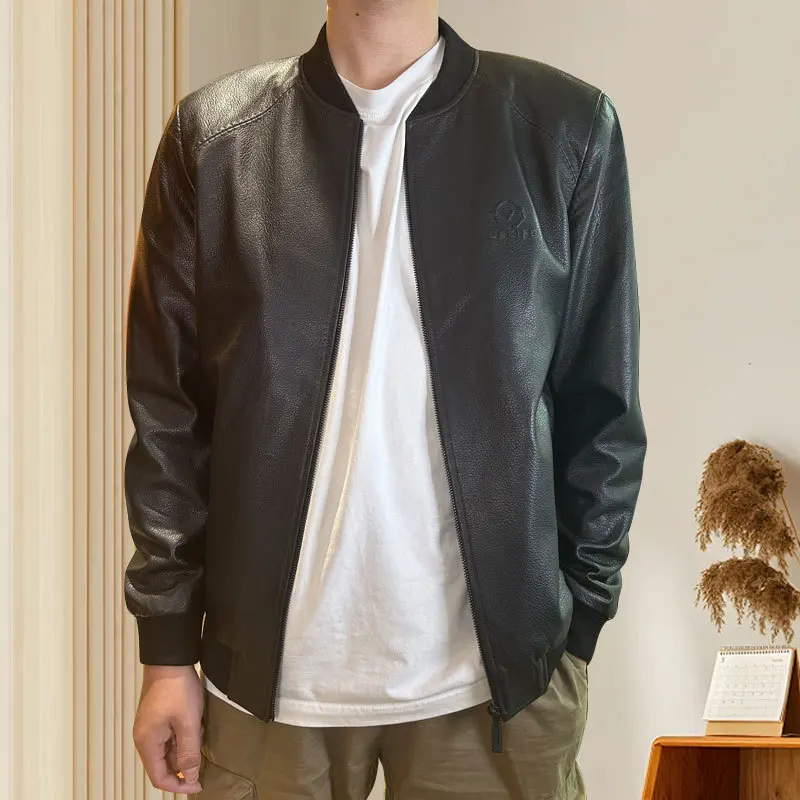 

round Neck Sheepskin Leather Jacket Men's Spring and Autumn Fit Fashion Trendy Casual Clothing