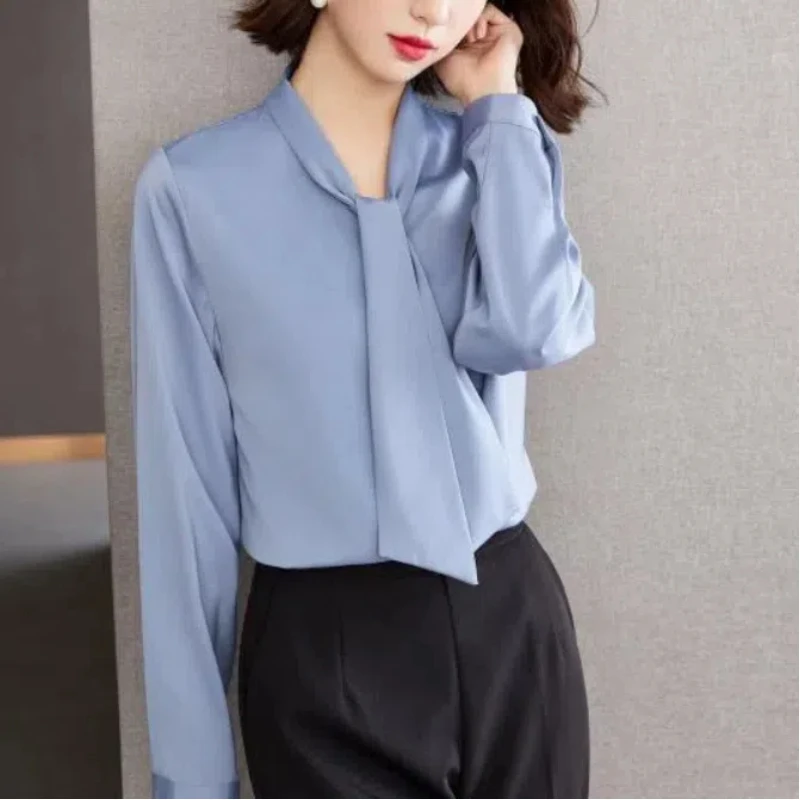 Office Lady Scarf Collar Women\'s 2024 New Patchwork Button Folds Fashion Solid Color Loose Casual Long Sleeved Blouses Shirts