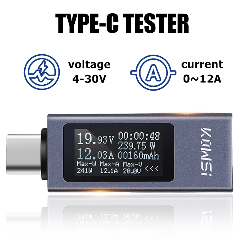 Type-C Tester DC 4-30V 0-12A Digital Voltmeter Amperimetro Voltage Current Meter Ammeter Detector Power Bank Charger Indicator