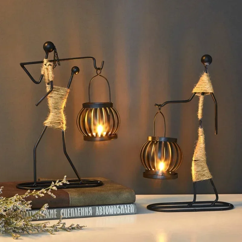 European Style Hollow Candle Holder Retro Black Iron Lantern Candlestick Metal Craft Home Shop Decoration Gift