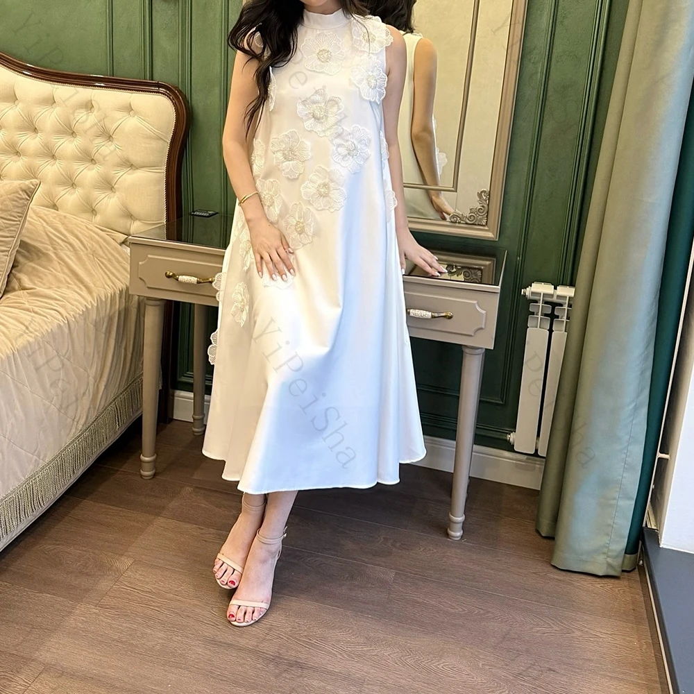 

Customized A-line Evening Dresses Tea-length High-neck Sleeveless Prom Gown Fsahion Flowers Beading Sashes Draped Party Gown