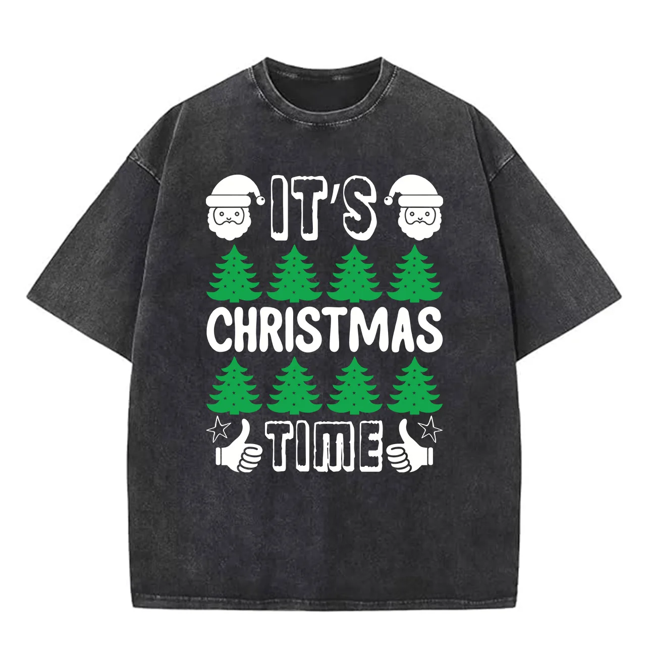 Christmas Time 230g Heavy Cotton Washed Oversized T-Shirt for Men Christmas Graphic Tee Retro Casual Top