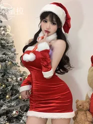 Korean Fashion Sexy Women Christmas Decoration Short Dress Elegant Velvet Sexy Female Cosplay Halloween Performance Dress 6BVH