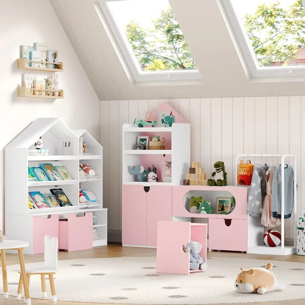 Modular Type Kids Bookshelf & Toy Storage with Two Movable Toy Box, 69" Large Toy Storage Organizer with Clothes Rack