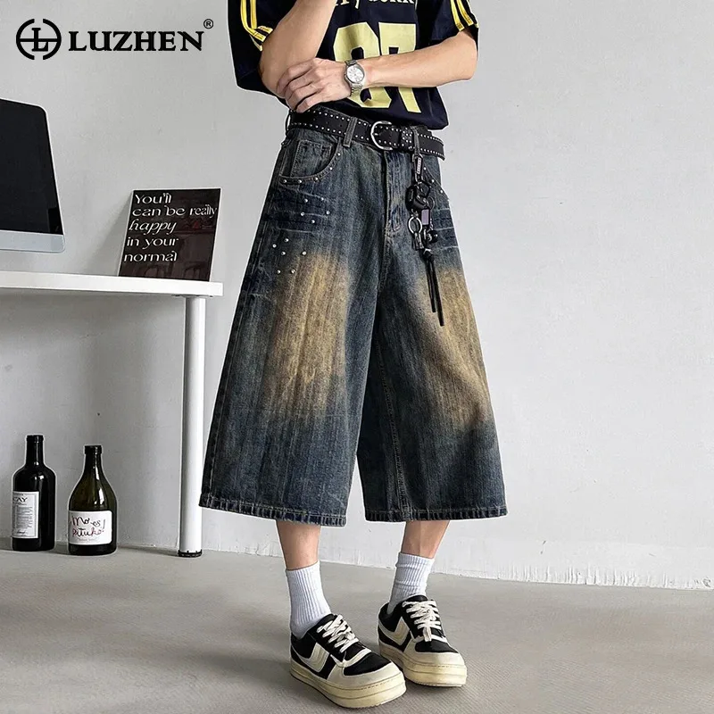 

LUZHEN 2025 Summer Original Gradient Washed Wide Leg Cropped Denim Pants Men's New Trendy Simple Straight Casual Jeans JY2395