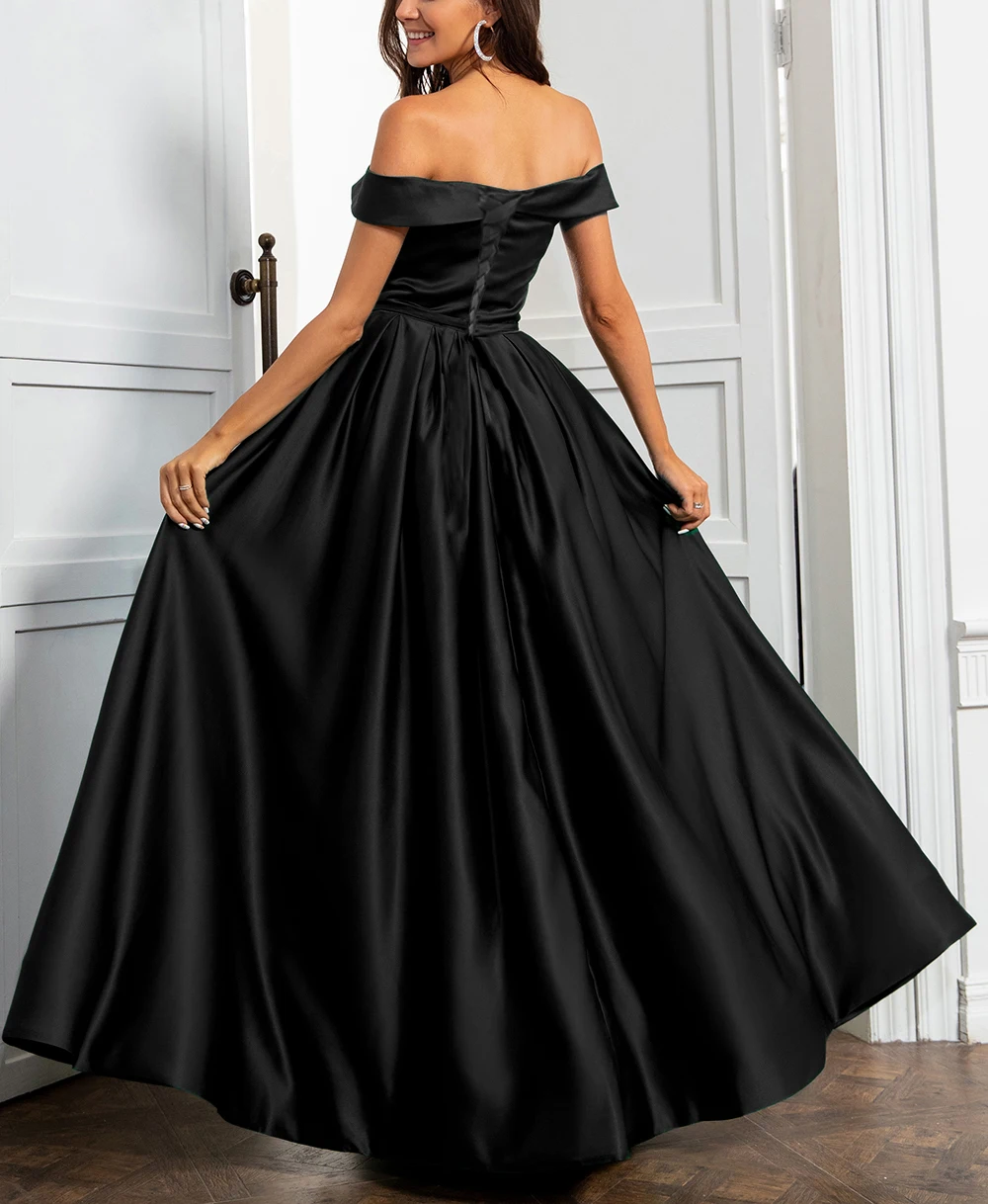 Gardlilac Off Shoulder Satin Formal Prom Dresses with Pockets Side Slit  Elegant Long Evening Party Gowns