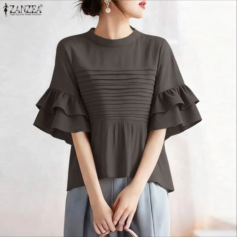 

2026 ZANZEA Summer Blouses Women Elegant Office Work Shirt O Neck Short Sleeve Tops Stylish Solid Pleated Blusas Holiday Tunic
