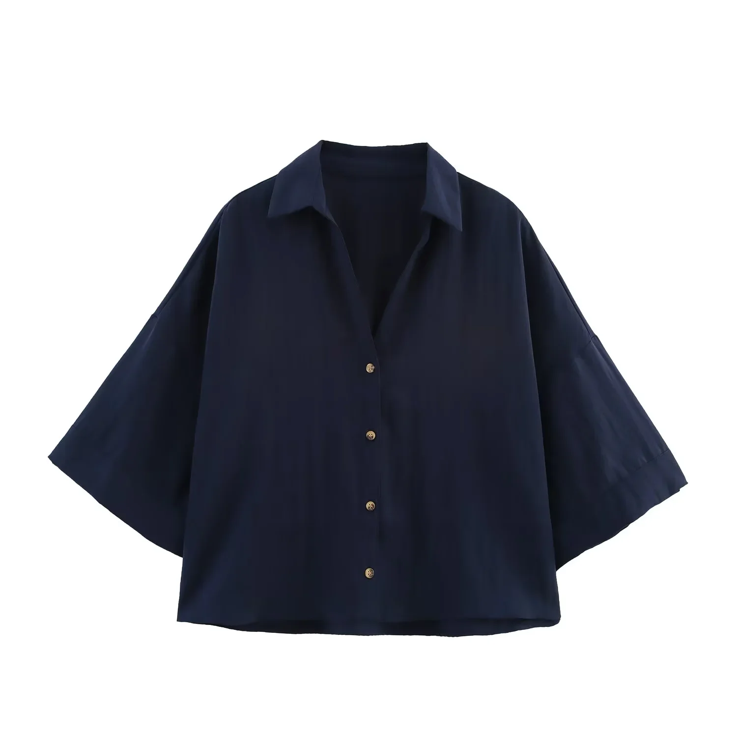 เสื้อเชิ้ตแขนสั้นลำลองสไตล์เรโทรลำลองสำหรับผู้หญิงใหม่ประจำฤดูร้อนปี 2025 ดีไซน์เรียบง่าย ปกกว้าง ทรงหลวม