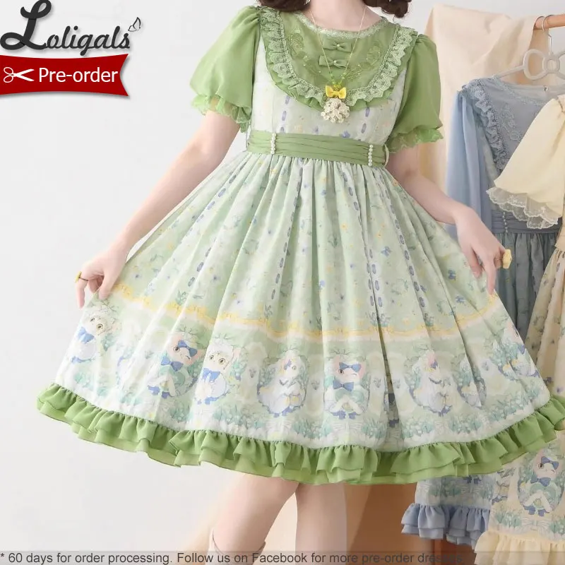 Pre-order Sweet Short Sleeve Lolita Dress Printed Casual Party Dress ~ Lily of the Valley & Kitten by Strawberry Witch