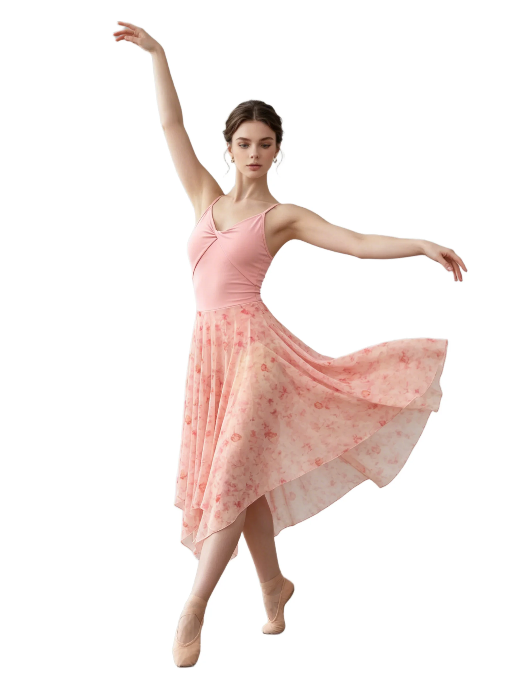 

Lyrical Dance Costume for Women Airy 20D Printed Mesh Contemporary Dance Dress Asymmetric Flowy V-neckline Ballet Dancewear
