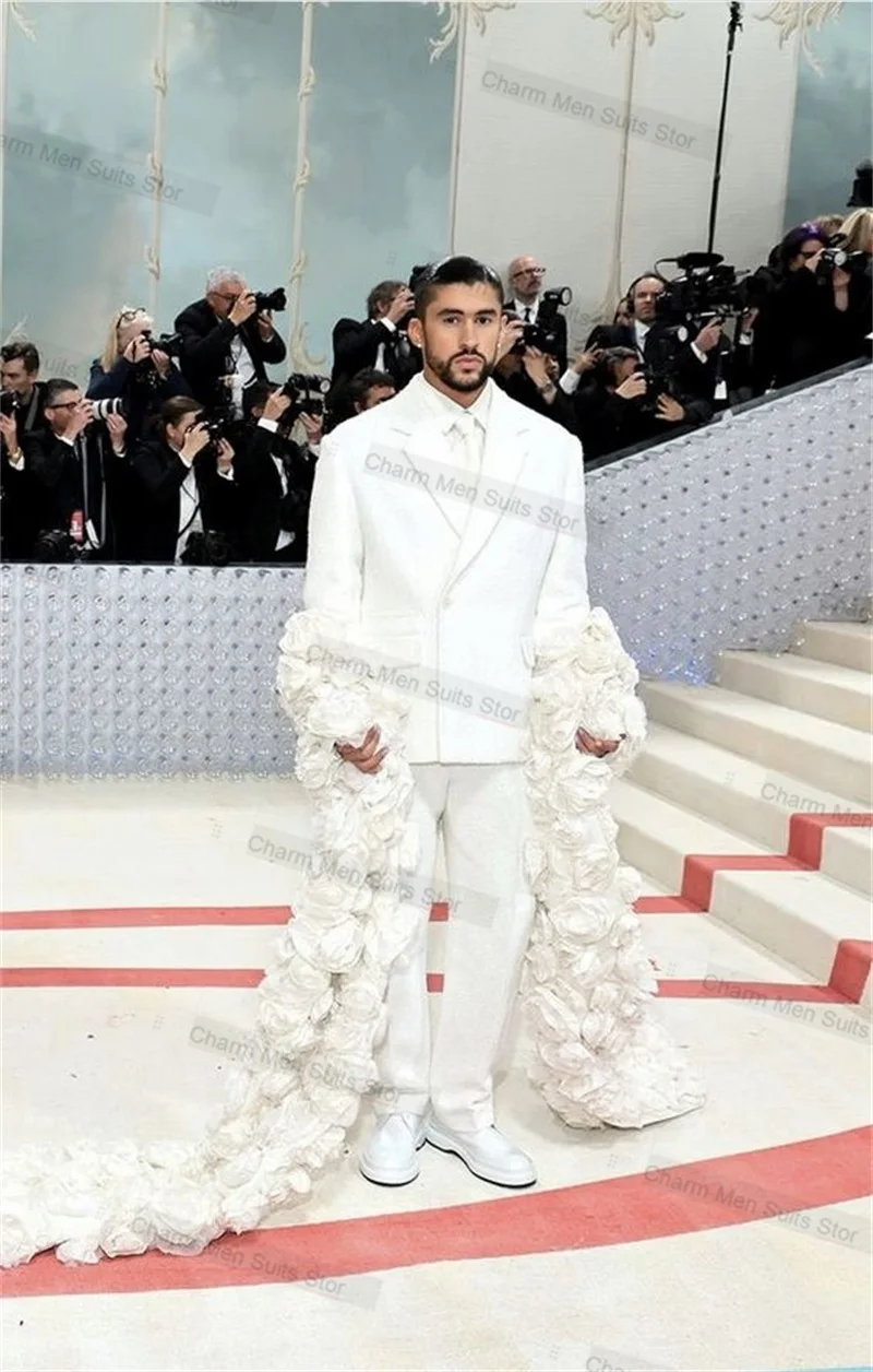 Conjunto de trajes formales blancos para hombre, chaqueta hecha a medida con flor 3D, esmoquin de boda, alfombra roja, abrigo de graduación, 2 piezas