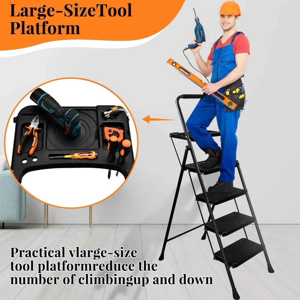 4 Step Ladder, Folding Step Stool with Tool Platform, Wide Anti-Slip Pedal, Lightweight 500lbs Step Ladder for Adults