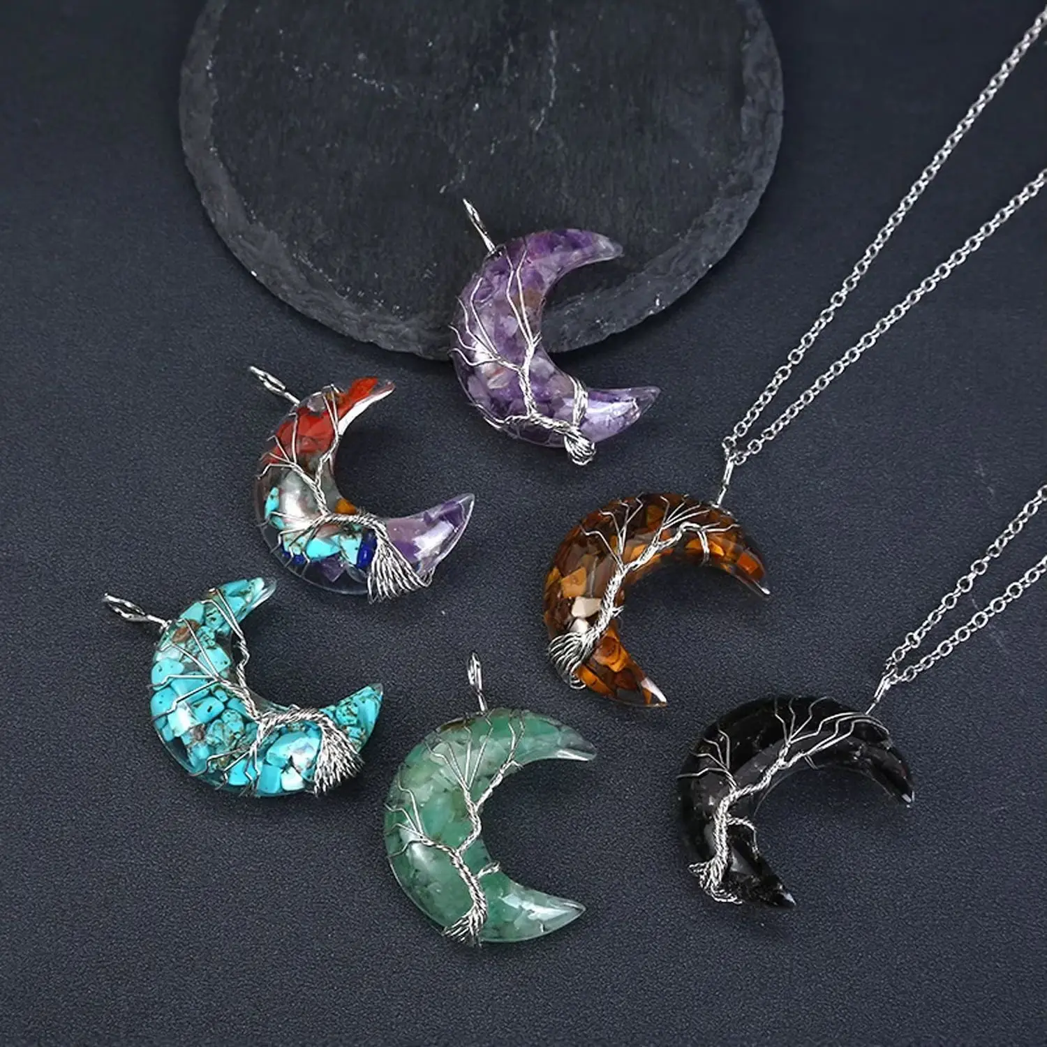 Hand Wrapped Tree of Life Moon Necklace, Resin Imitation Quartz Stone, Healing Style Pendant Jewelry